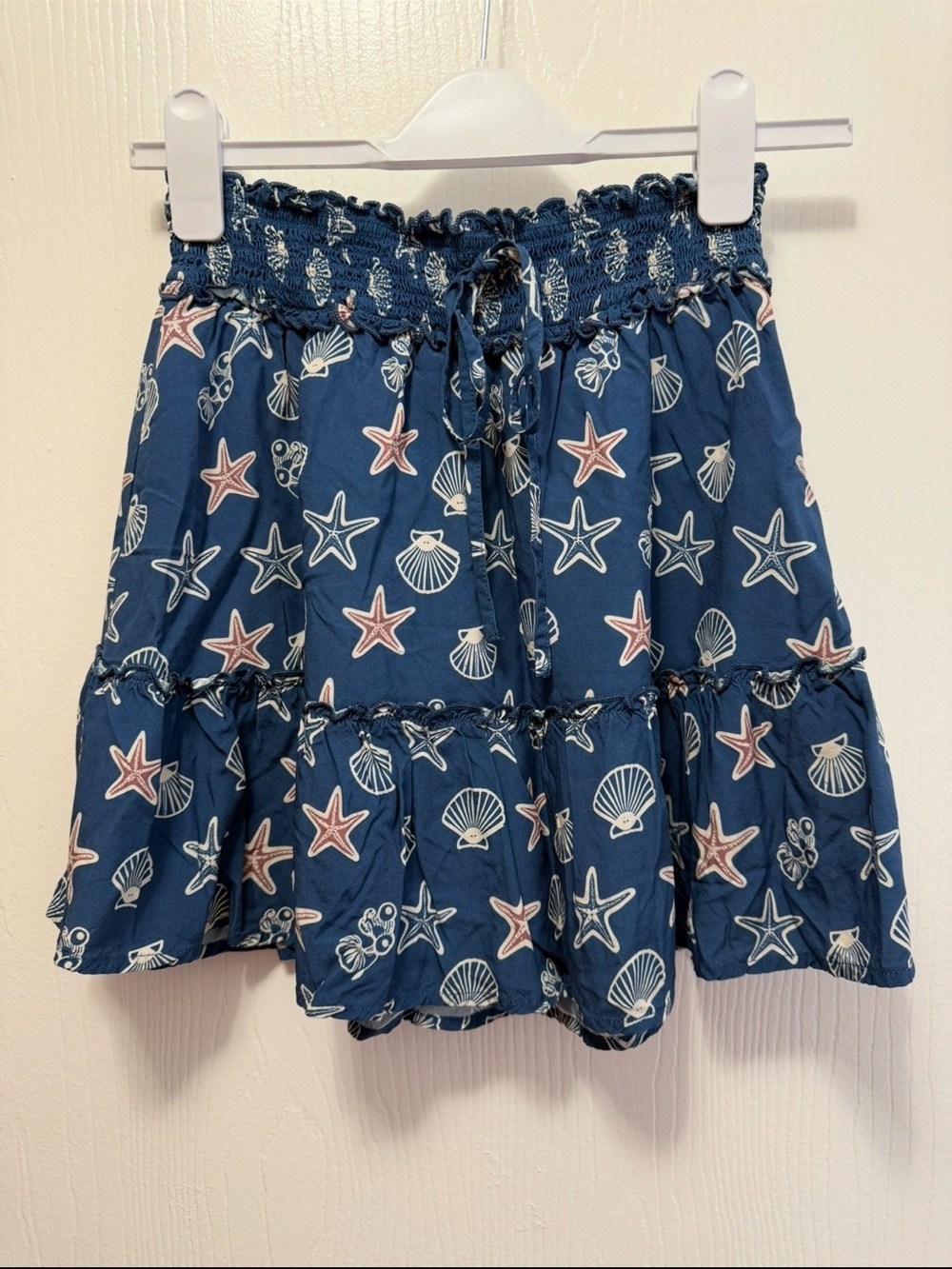 Cupshe Shell Dunes Seashell Mini Skirt Navy Blue Starfish Tiered Smocked Small